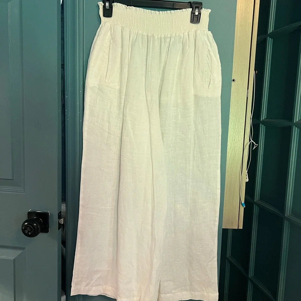 White Smocked Waist Linen Pants - Picture 4 of 5
